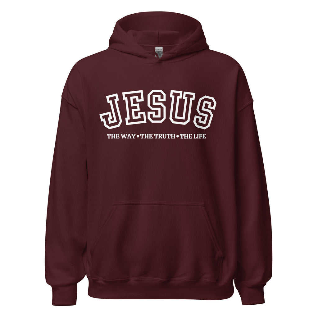 Jesus The Way Maroon Hoodie White Text | MAD Apparel