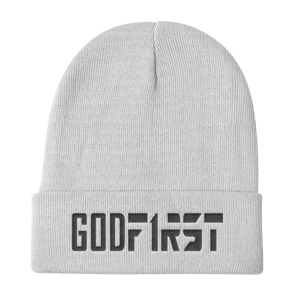 Christian Accessories Grey Wool Beanie With White God First Embroidered Lettering