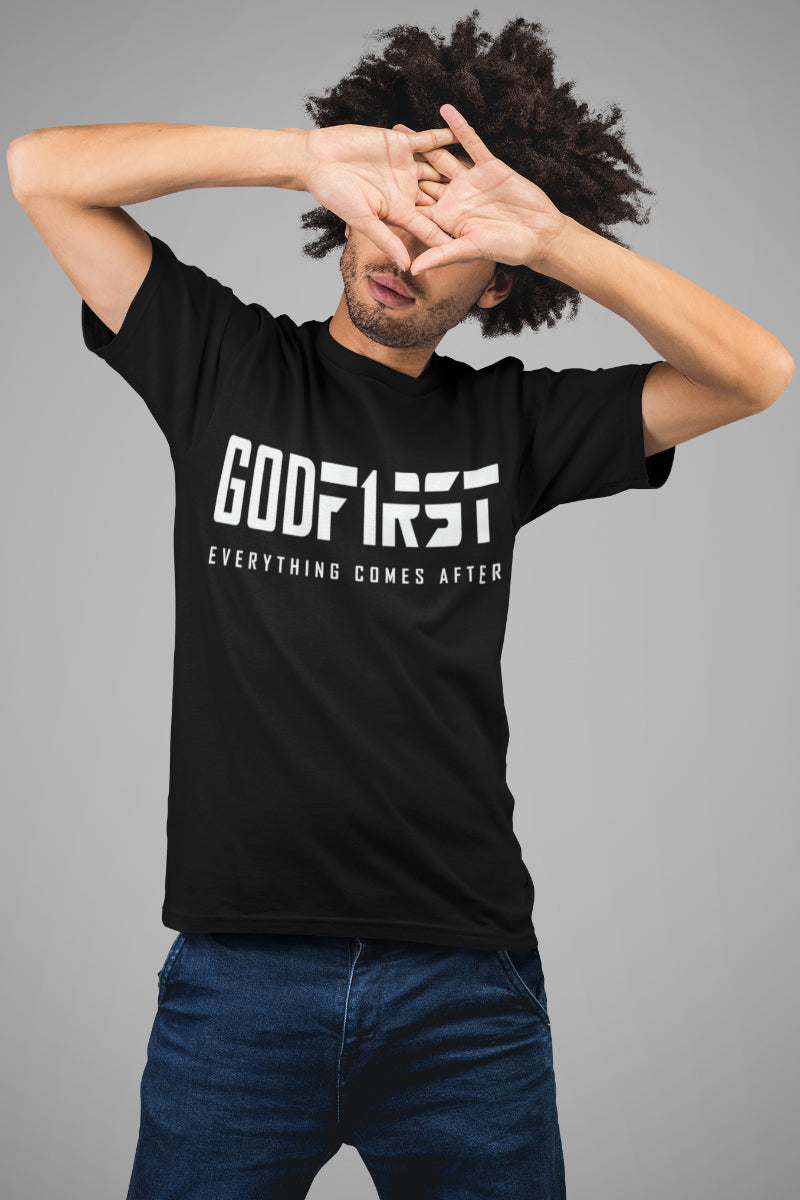 M.A.D Apparel  Man wearing Black T-shirt with God First Design