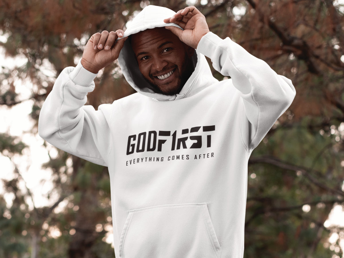 Black Man Wearing White Hoodie With Black God First Font Design