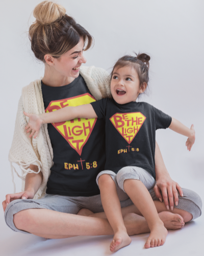 Christian Tees For Halloween Mum & Daughter Wearing Black Be The Light Tees