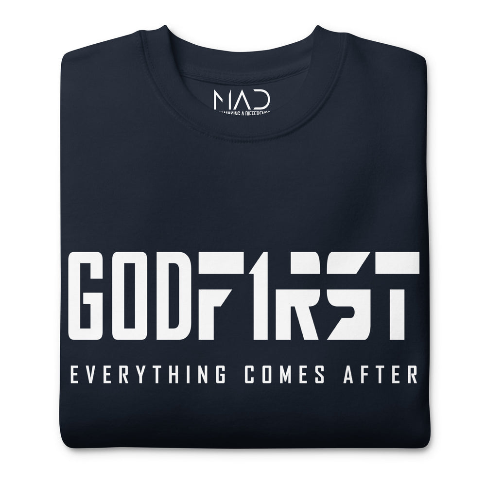 
                  
                    M.A.D Apparel Ltd Sweatshirts God First Faith Classic Premium Sweatshirt Christian Apparel
                  
                