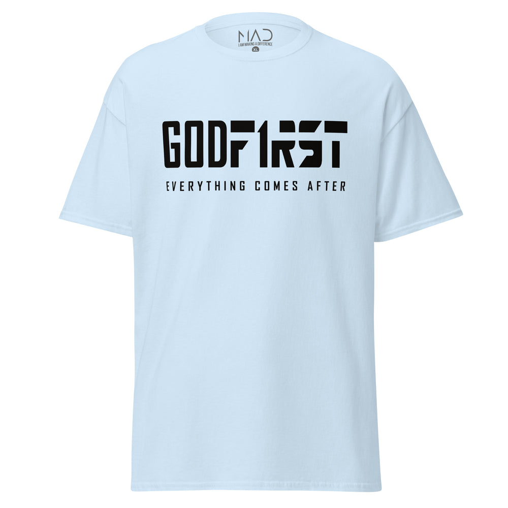 
                      
                        MAD Apparel God First black text on light blue colour T-shirt
                      
                    