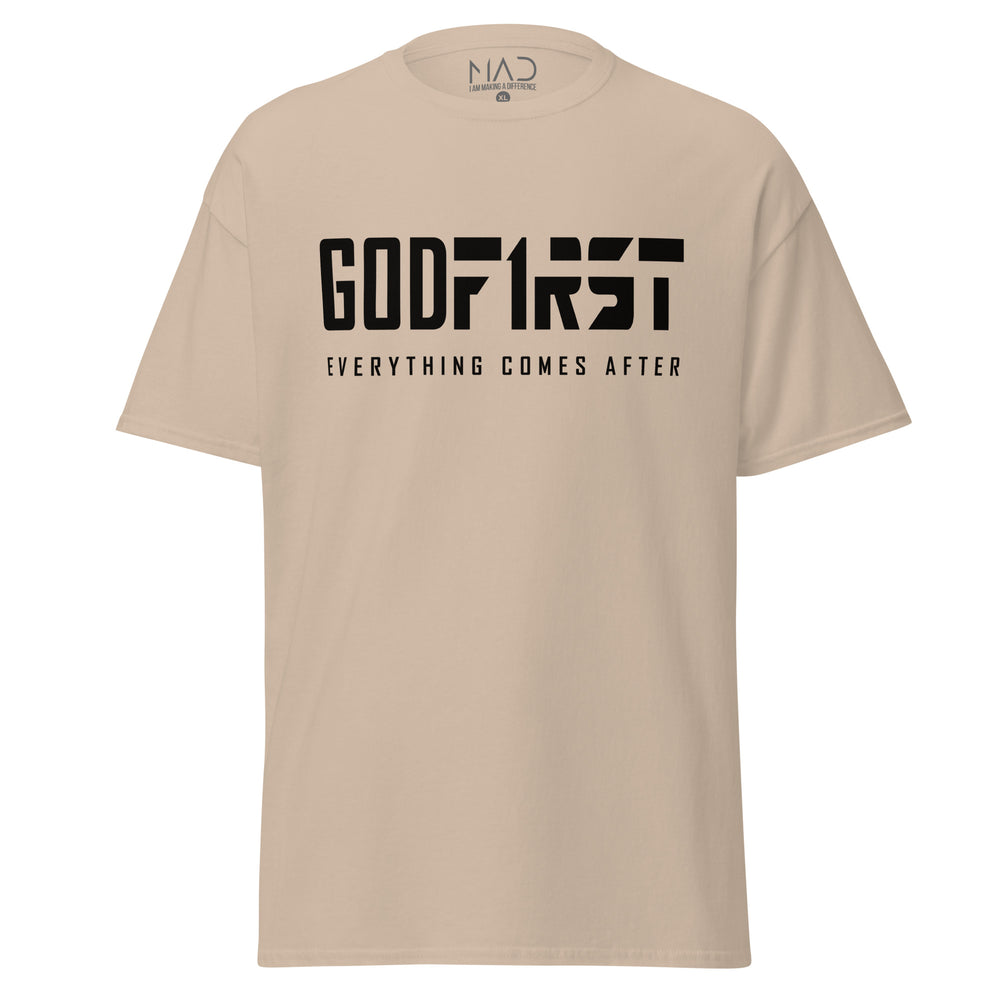 MAD Apparel God First black text on sand colour T-shirt