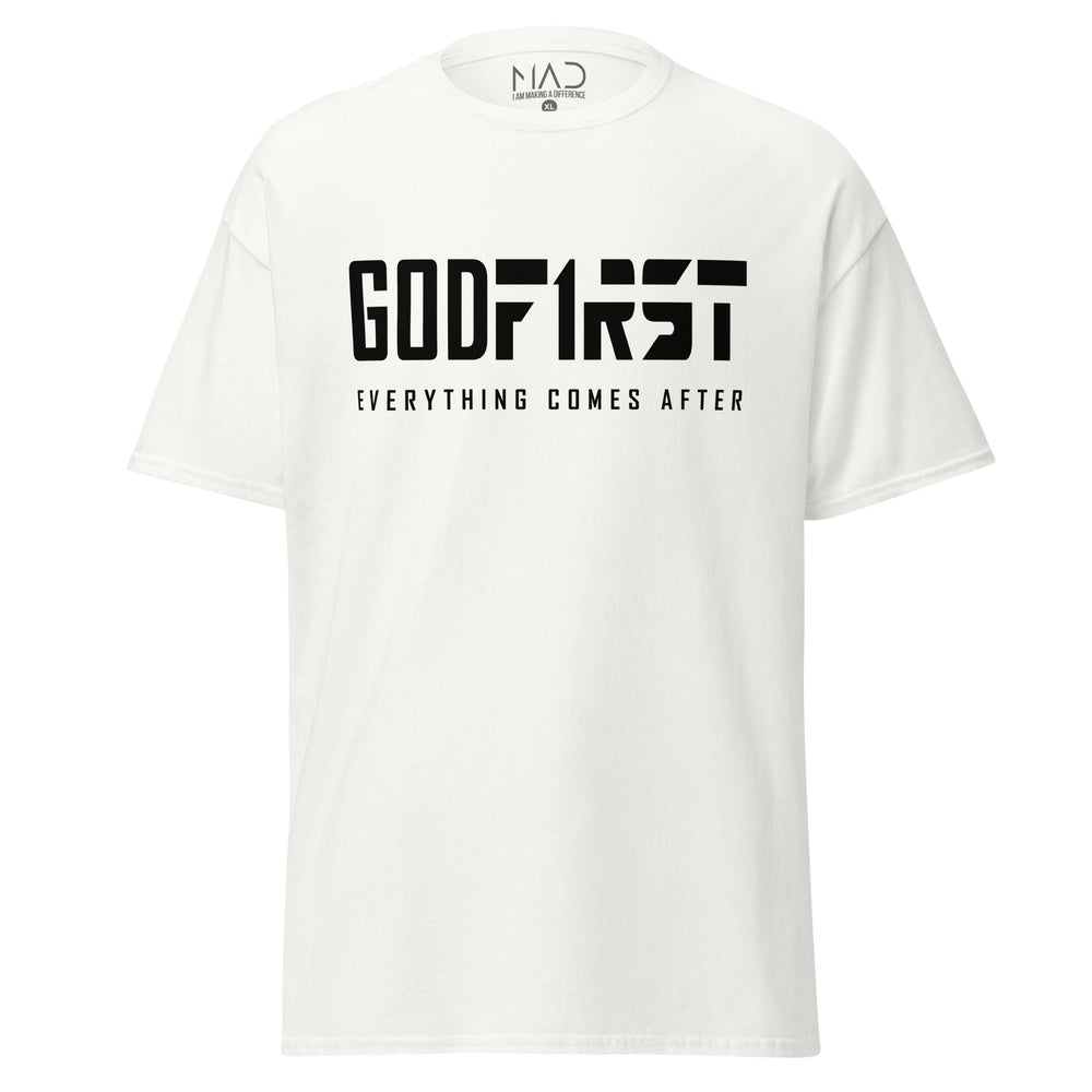 
                      
                        MAD Apparel God First black text on white colour T-shirt
                      
                    