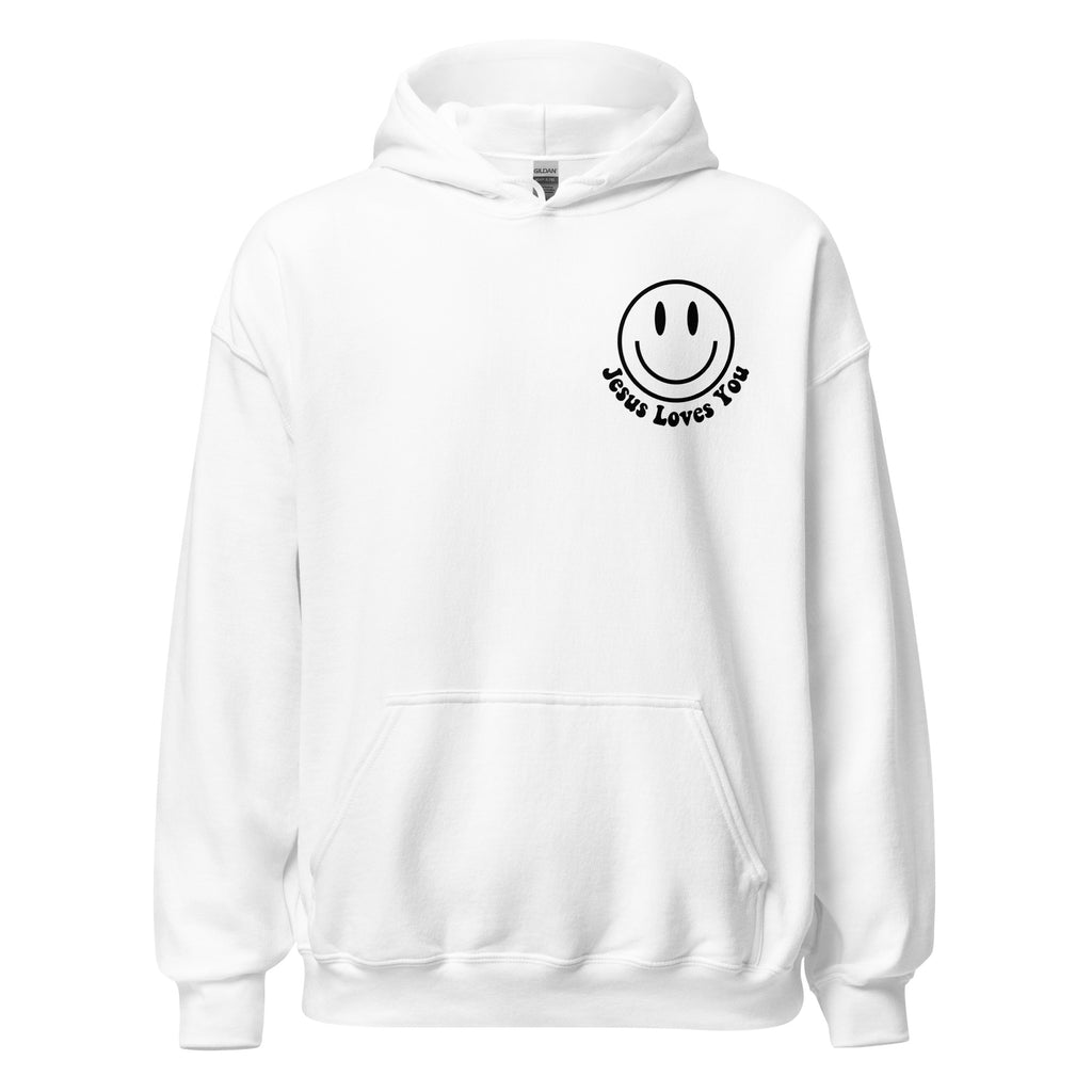 Jesus Loves You Smiley White Unisex Hoodie | MAD Apparel