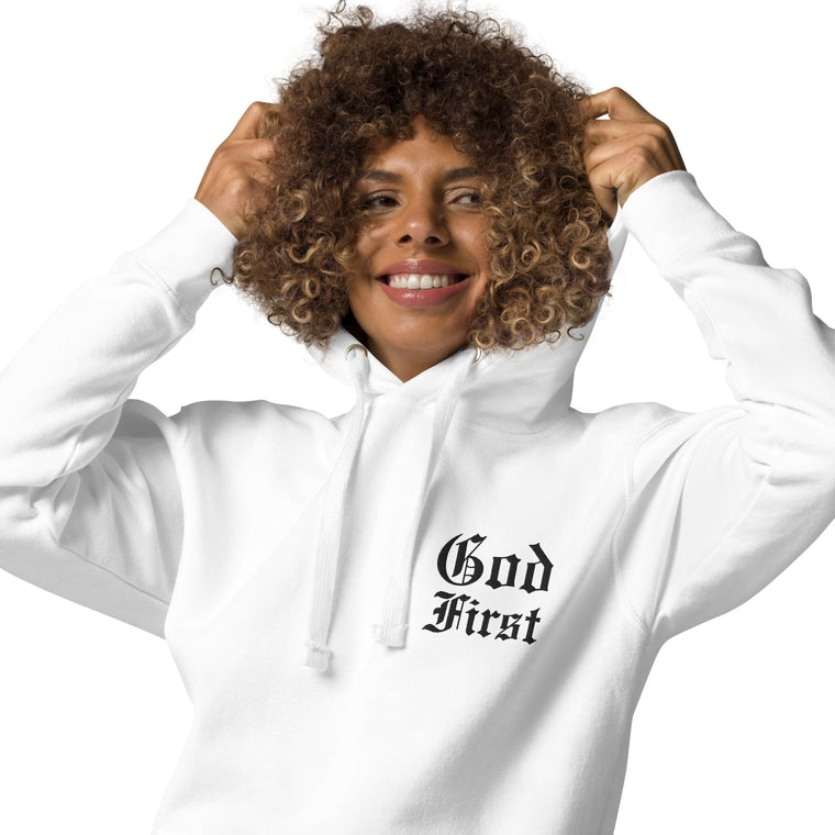 God First Embroidered White Hoodie Fitted | MAD Apparel