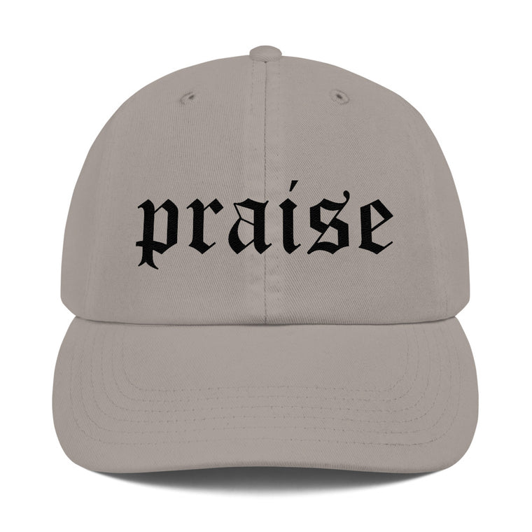 Christian Caps Praise Champion Dad Cap Grey With Black Lettering Front
