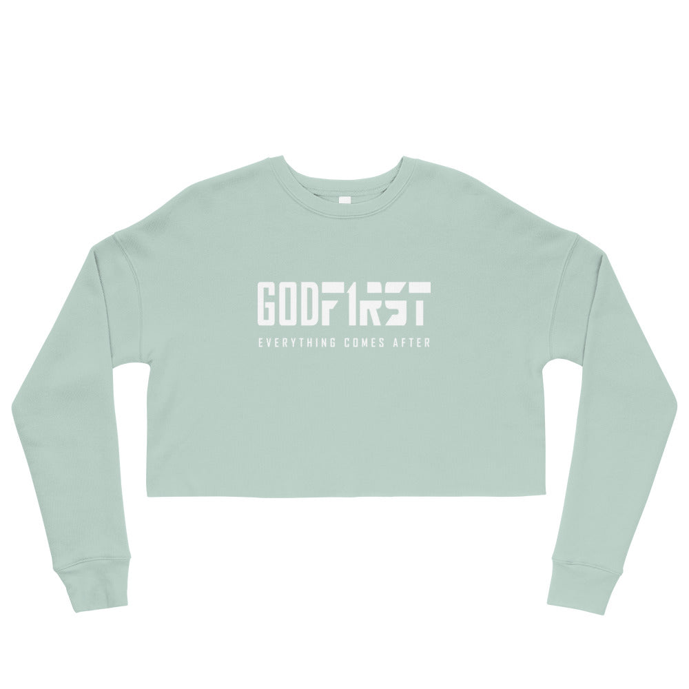 Christian Clothing Blue God First design White Lettering Cropped Sweatshirt