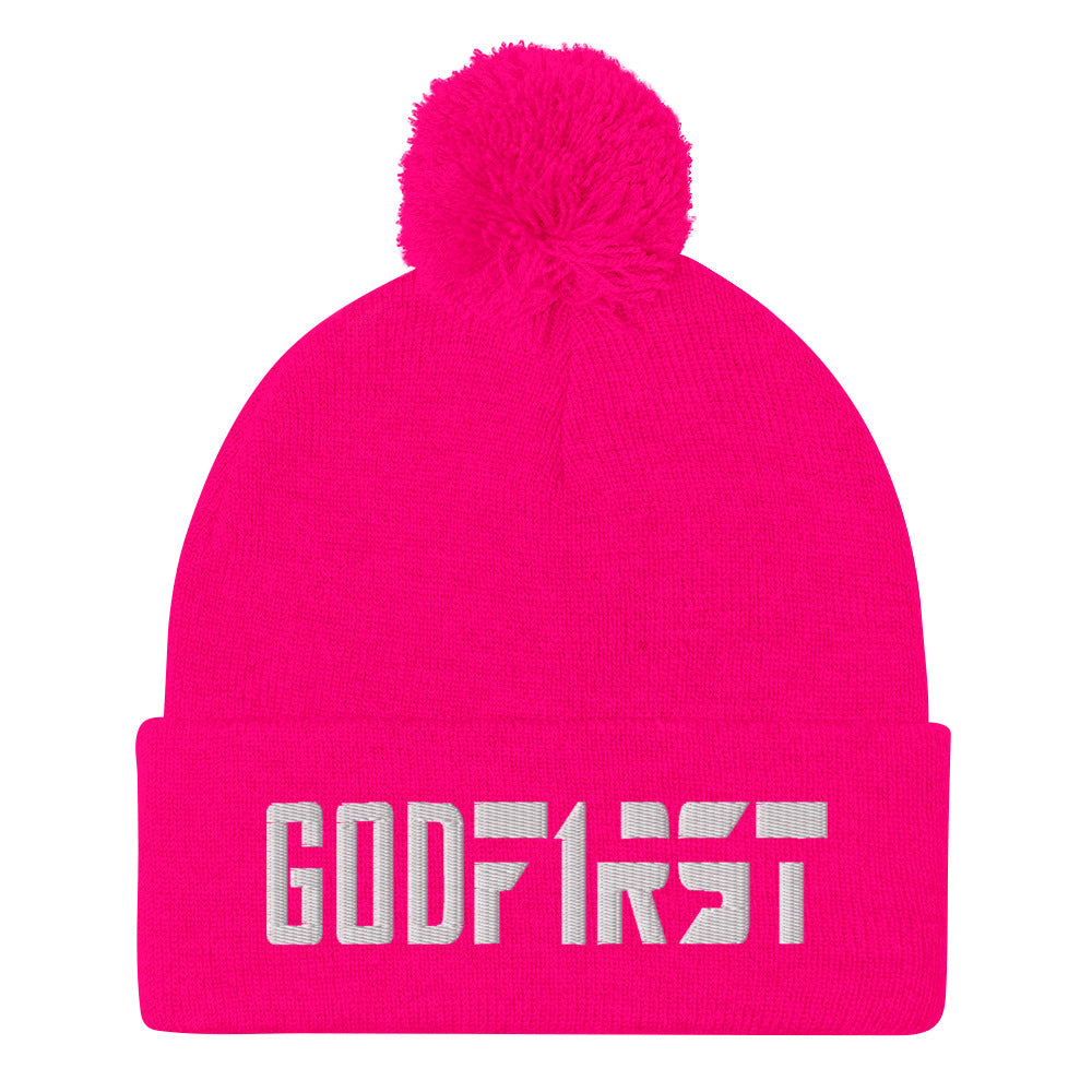 Christian Pom Pom Beanie Candy Pink with white God First Embroidered design