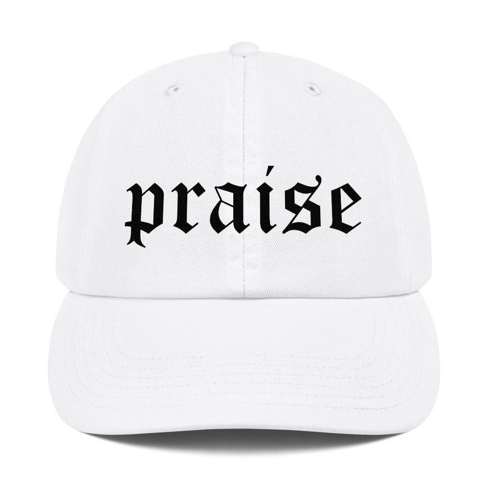 Christian Caps Praise Champion Dad Cap White With Black Lettering Front
