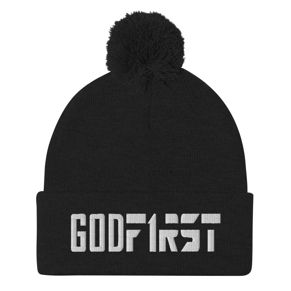 Christian Pom Pom Beanie Black with white God First Embroidered design