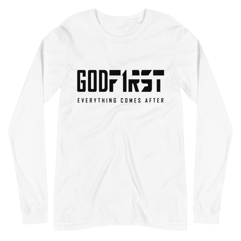 Christian Clothing White Long Sleeve Tee With Black God First Design