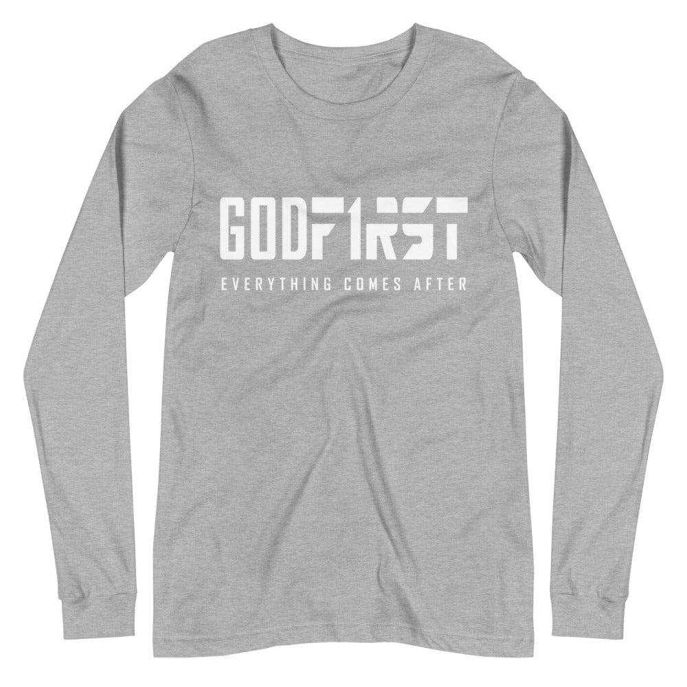 Christian Clothing Grey Long Sleeve Tee God First White Design 