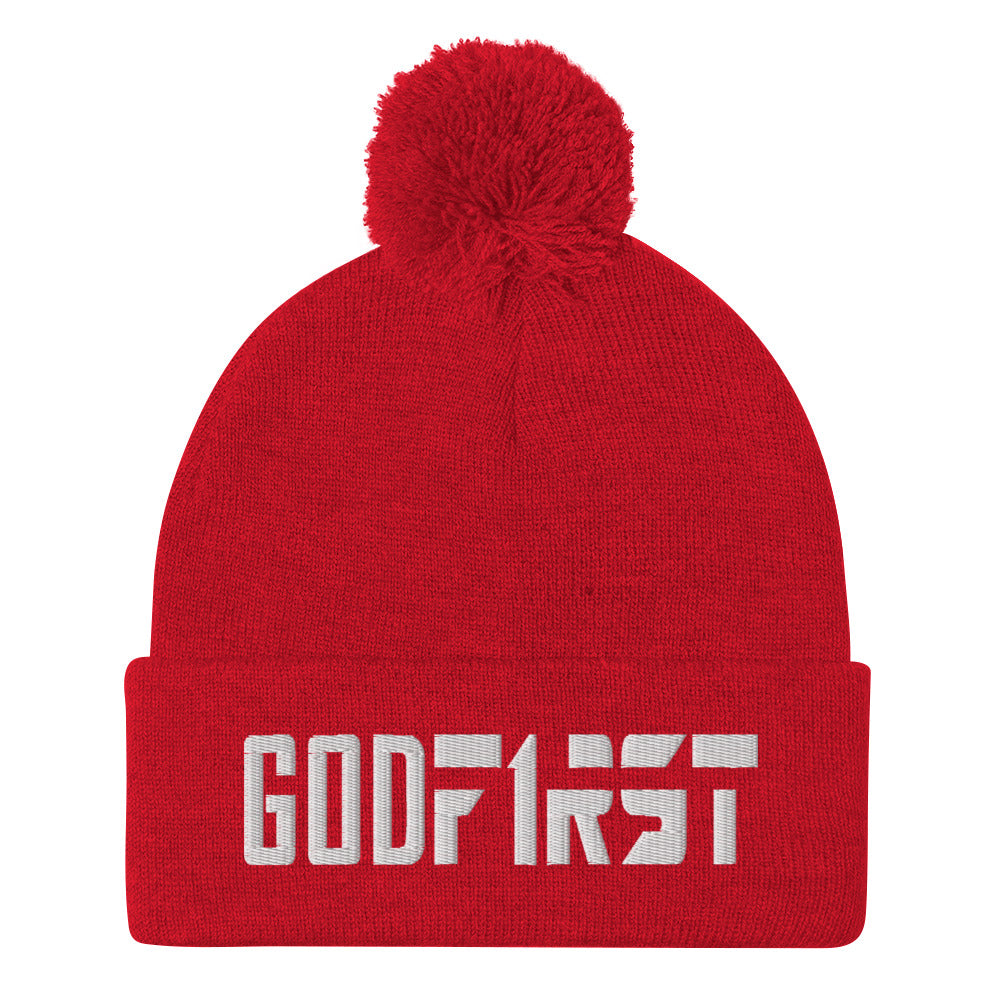 Christian Pom Pom Beanie Red with white God First Embroidered design