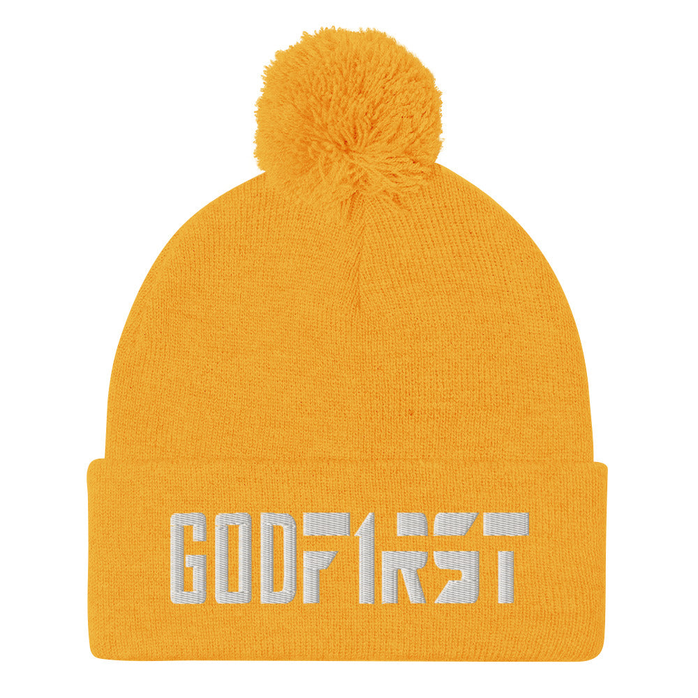 Christian Pom Pom Beanie Gold with white God First Embroidered design