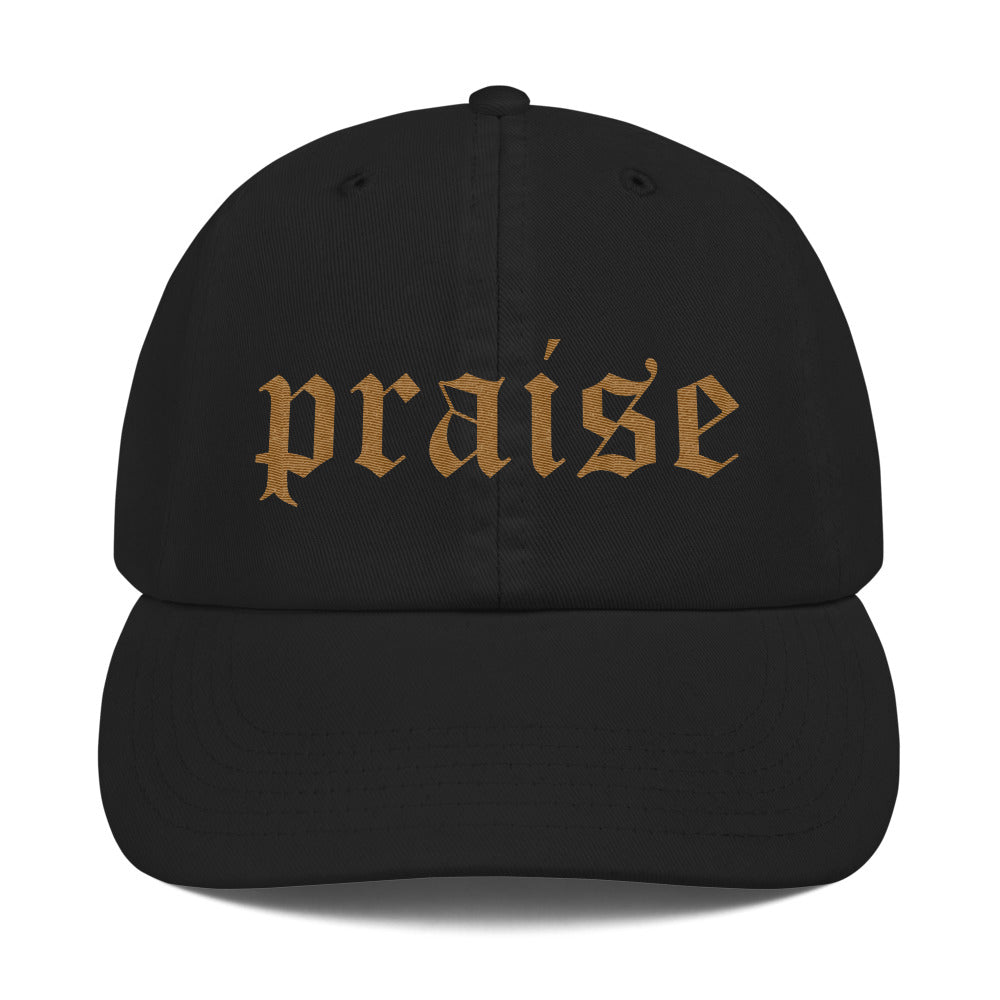 Christian Dad CHampion Cap Black With Gold Praise Lettering Front View