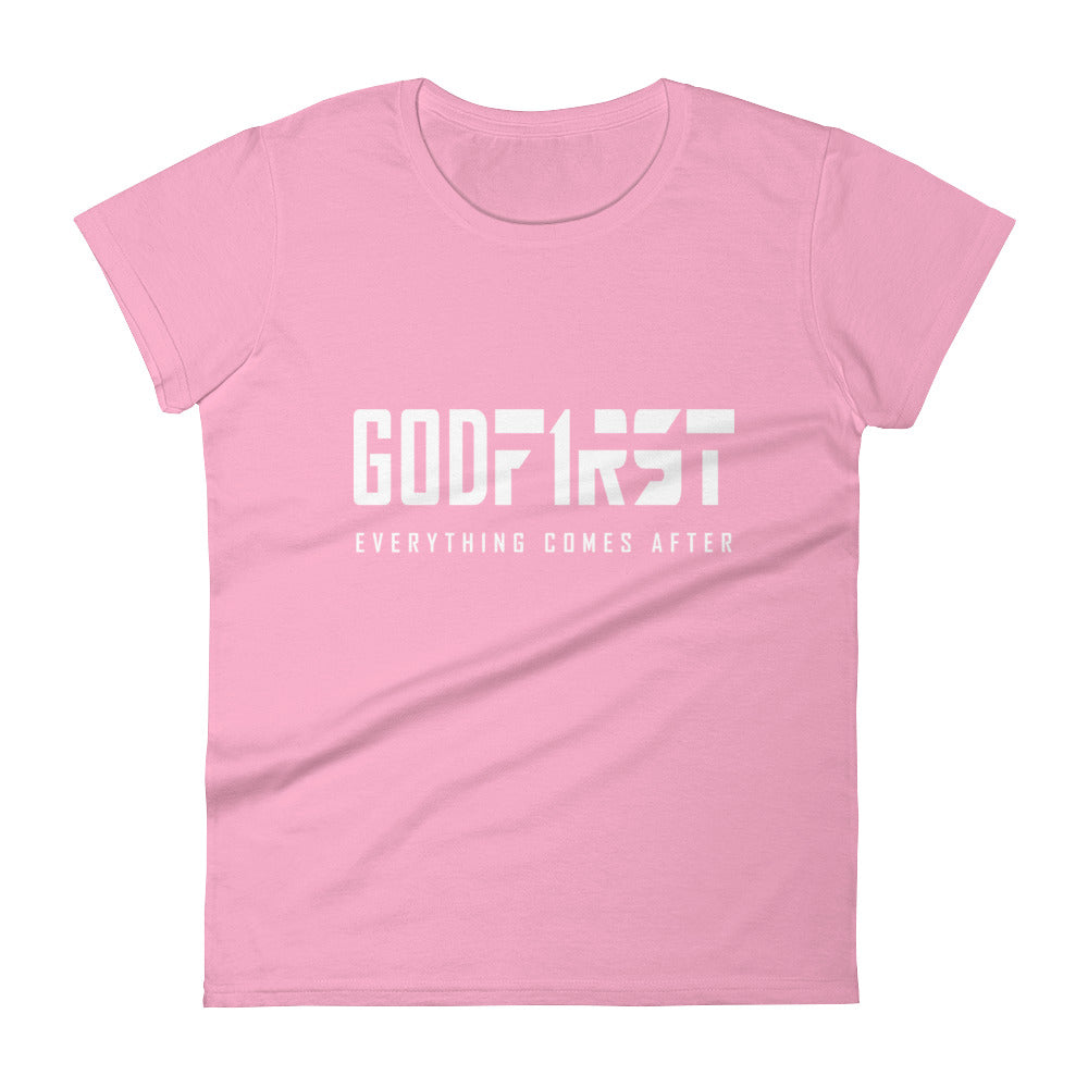 Christian Tees Pink God First Design White Lettering Fitted Tee