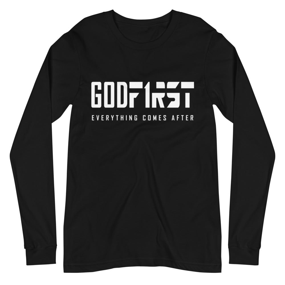 Christian Clothing Black Long Sleeve Tee With White God First 