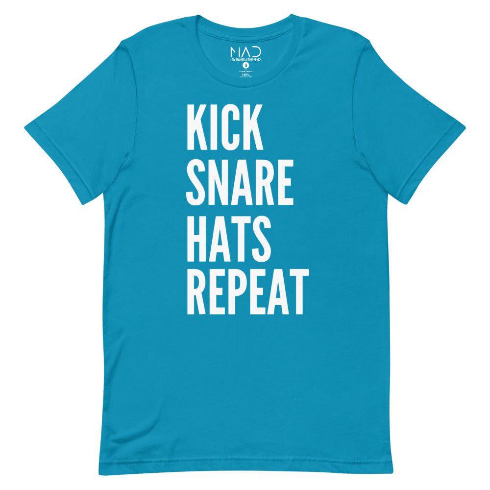 MAD Apparel Kick Snare Hats Repeat T-shirt Aqua Blue